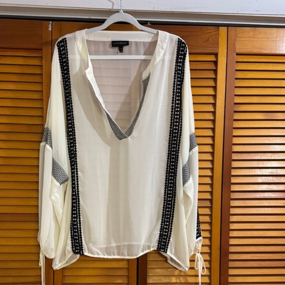 Lane Bryant Cream and Black V-Neck Blouse